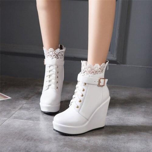 Winter Buckle Super High Wedges Platform Ankle Boots for Women Lace Up White Black High Heel Ladies Shoes Bootie Lace Wedge