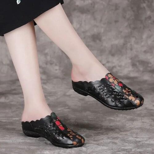 Leather Soft Bottom Topless Semi-slippers for Women 2021 New Summer Weave Sandals for Women Slippers