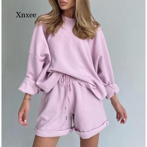 2021 Summer Fashion Womens Two-Piece Sportswear Female Shorts Oversized Long-Sleeved Sweater Casual Shorts Suit