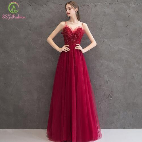 SSYFashion New Wine Red Long Evening Dress Sexy V-neck Sleeveless Beading Sequins Shining Party Formal Gown Vestido De Noche