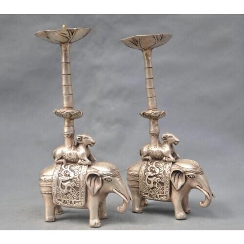 10'' A Pair of Elaborate Chinese White Copper Elephant Statue Candlesticks