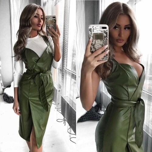 2021 Fashion Sexy Leather Dress Sashed PU Midi Spaghetti Strap Elegant Vintage Slim Party Night Club Plus Size Womens Dresses