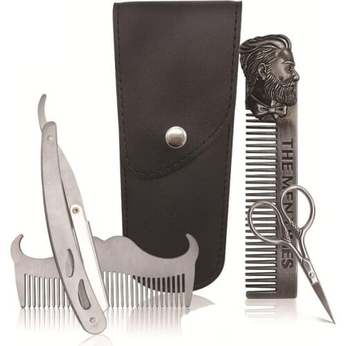 4PCS/Set Beard Brush Comb Mens Mustache Cleaning Care Kits Shears Scissors Beard Razor with Bag Shaving Care Tool