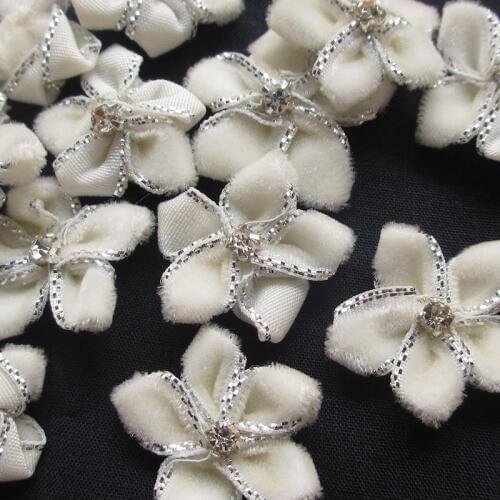 40PC white Velvet Ribbon Flowers Bows W/Rhinestone Appliques Wedding 25mm