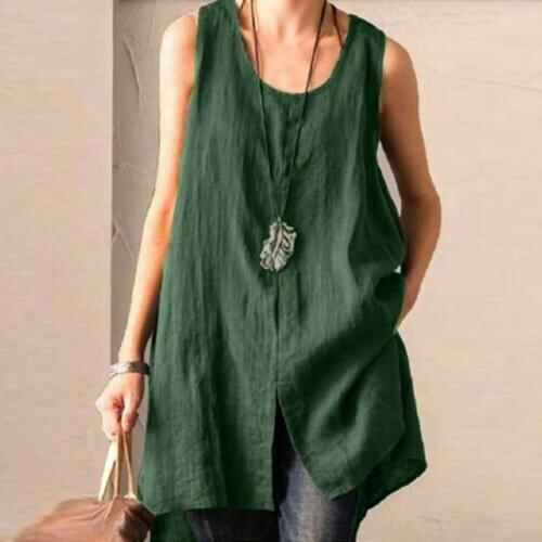 Summer Cotton Linen Blouse Women Sleeveless Tanks Tops Vintage Solid Loose Blusas Plus Size Tunic Split Shirt Female