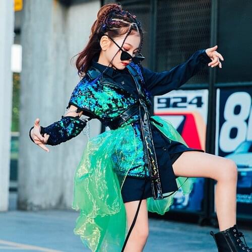 Rock Style Jazz Costumes Girls Modern Street Dance Sequin Jacket Kids Hip Hop Clothing Performance Costumes Catwalk Show Outfits