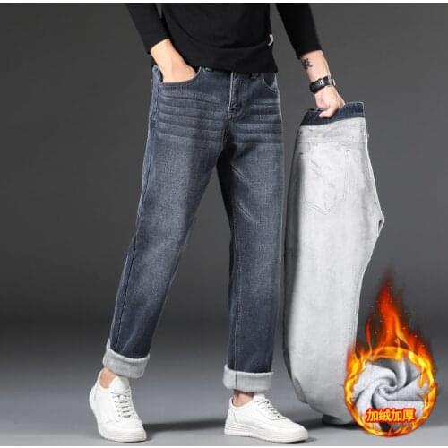 Mens Jeans Cotton Fleece Business Casual Fashion Stretch Straight Work Classic Style Pants Trousers Male Big Size 28-40 44 46