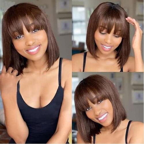 Short Brown Bob Wigs with Bangs Human Hair None Lace Front Wig Brazilian Virgin Straight Hair Machine Made Wig for Black Women