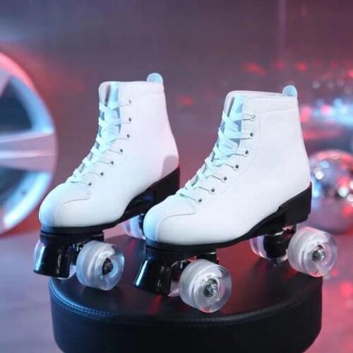 White Black PU Leather Woman Man 4-Wheel Flash Double Row Roller Skates Shoes Flash Skates Patines De 4 ruedas Outdoor Sneakers