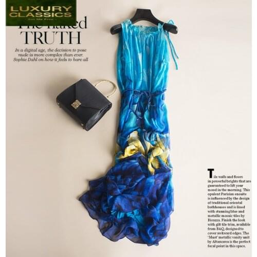 Dress Summer Women Boho 100% Real Silk Dresses Elegant Sexy Sleeveless Beach Evening Party Dresses Maxi Vestidos Ropa Mujer 2796