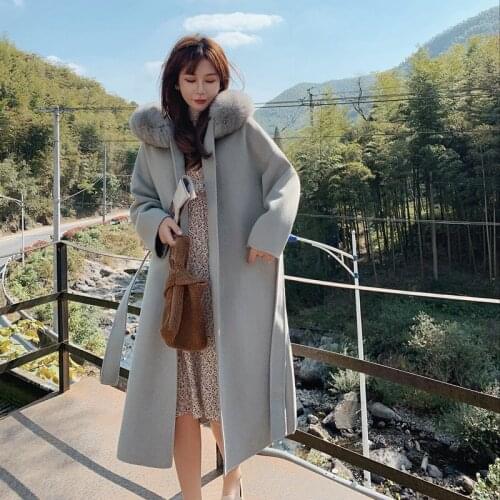 2021 Fashion Luxury High-end Fox Fur Collar Hooded Double-sided Cashmere Blend Coat Womens Mid-length Wool Loose Outwear