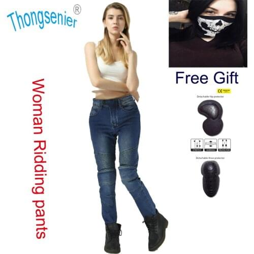 NEW fashion MOTO pants Motorbike Jeans for Womens stretch Silver blue and black pants with FOUR protector Armor Knee