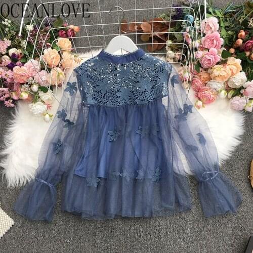 OCEANLOVE Two-piece Solid Blusas Feminina Lace Hollow Out Mesh Elegant Autumn Blouses 2021 Korean Flare Sleeve Women Tops