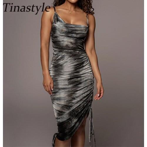 Tinastyle Tie-Dye Print Ruched Party Dress Women Spaghetti Strap Sexy Bodycon Autumn Dress Elastic Pleated Casual Party Dress