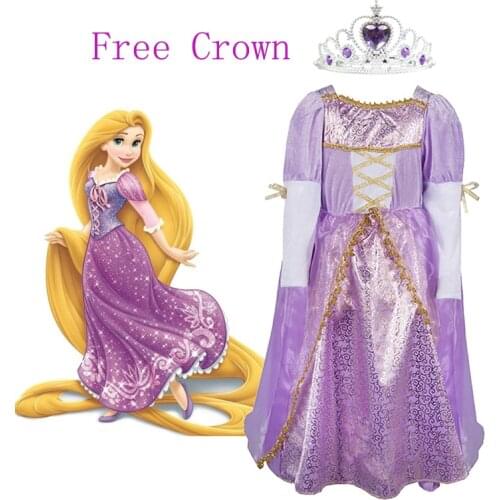 Disney Fancy Rapunzel Princess Girls Dress Velvet Ball Gown Halloween Party Cosplay Costume for Kids Rapunzel Vestidos Clothing