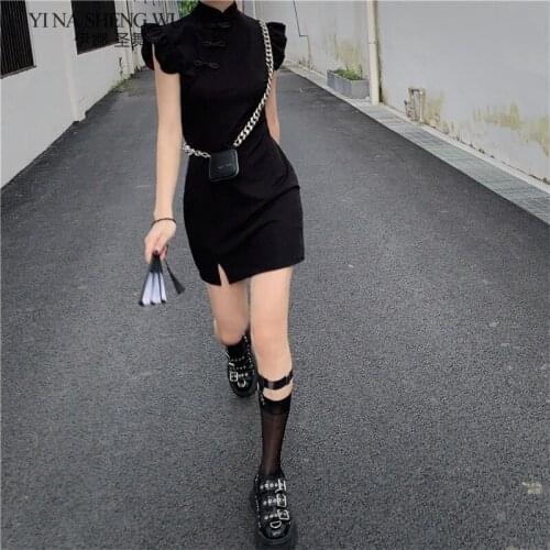 Dress Women Summer Chic Vintage Chinese Collar Cheongsam Sexy Style Notched Mini Womens Dresses Harajuku Slim Black Ladies Qipao