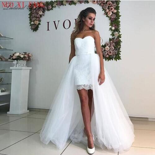 Simple Sheath Lace 2 in 1 Beach Wedding Dresses 2020 Strapless Sleeveless Detachable Train Tulle Knee Length Bridal Dress