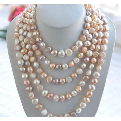 Rare Long 80" 8-9mm AAA white pink Purple baroque freshwater pearl necklace Sweater chain