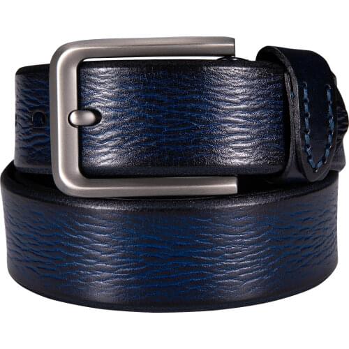 Classic Vintage Jeans Belt for Men Blue Cow Leather Belts for Men Alloy Pin Buckle Jeans Leather Waist Strap Male Belt Strap