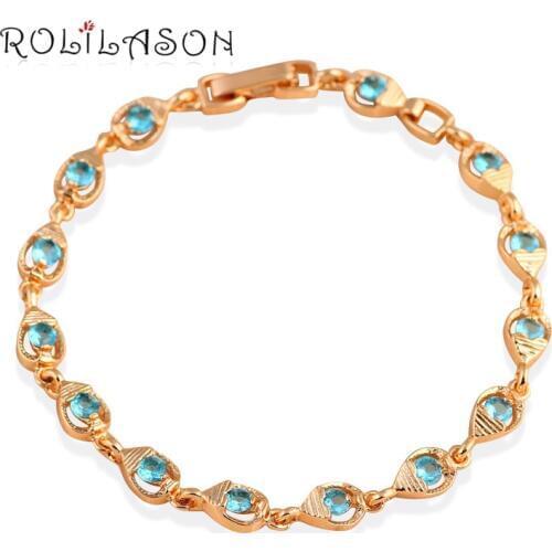 ROLILASON Delicate Gifts Golden Bracelets for Women Blue Zircon Crystal romantic wedding Fashion Jewelry TB1031