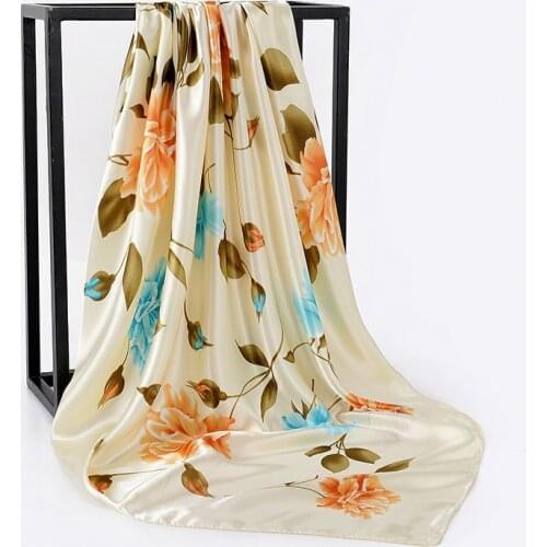 Fashion Floral Print Kerchief Silk Satin Hair Scarf For Women Square Shawls and Wraps 90*90cm 2019 Winter Neck Scarves For Lady