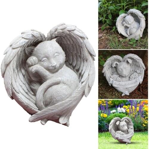 Angel Puppy Dog Cats Tribute Pet Statue Sculpture Outdoor Garden Resin Decoration Sleeping Angels Wing Gardening Ornament Stone