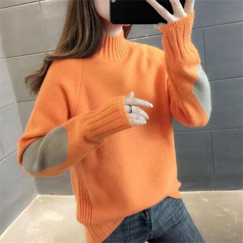 Loose Casual Korean Knit Pullover 2021 Autumn Color block High Elastic Knitwear Half Turtleneck Jumper Bottoming Sweaters Female