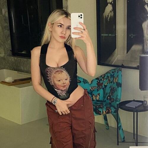 Fashion U Neck Camis Top Summer Womens Vintage Printed Slim Cropped Tops Sleeveless Party Club Sexy Backless Camisole Tank 2021