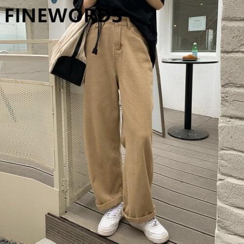 FINEWORDS Spring Korean Casual Khaki Jeans Women High Waist Loose Straight Mom Jeans Plus Size Wide Leg Vintage Punk Denim Pants
