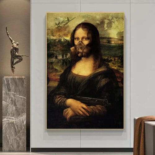 Funny Art Mona Lisa Hold A Gun In The War Wall Art Pictures Canvas Paintings Art Posters and Prints for Living Room Decor