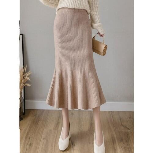 TIGENA Knitted Mermaid Pencil Skirt for Women 2021 Autumn Winter Korean Elegant Slim Bodycon High Waist Long Skirt Female Khaki
