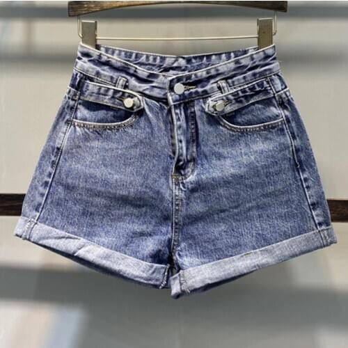 High waist denim shorts women autumn 2020 new casual loose curled A-line wide-legged shorts
