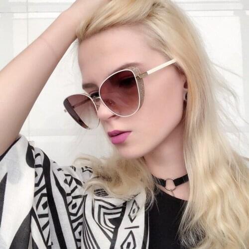 Cat eye sunglasses women metal frame fashion style gradient brown lens with glitter