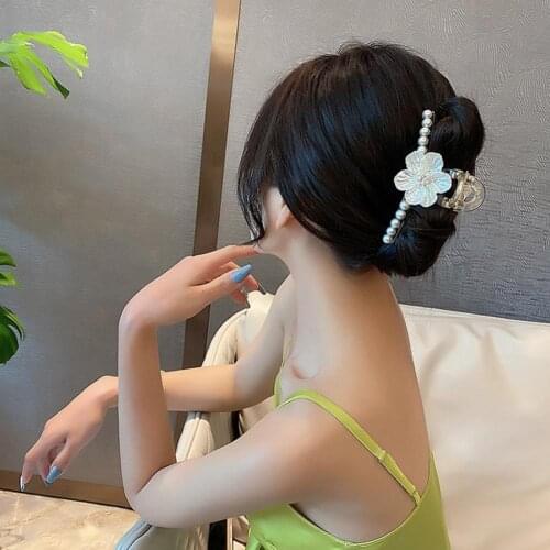 Elegant New Women Hair Claw Flower Ponytail Holder Faux Pearl Strong Grip Large Jaw Clip Hair Accessory Casual Formal Daily Life