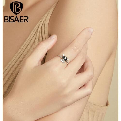 BISAER Real 925 Sterling Silver Cute Puppy Rings For Women Animal Cute Shape Finger Ring Jewelry Anel S925 ECR695