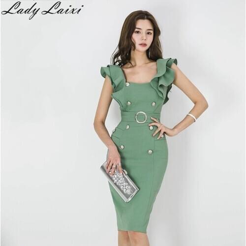 2020 Summer High quality Women Dress Fashion Green Bodycon Pencil Dress Sexy Ruffles Sleeveless button Work Office Party Dress