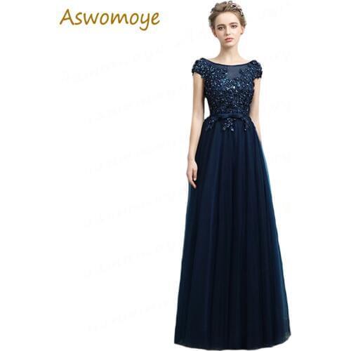 2019 New Evening Dress Illusion O-neck Appliques Beaded Prom Party Dress a Line Navy Blue Banquet Dresses Special Occasion Dress