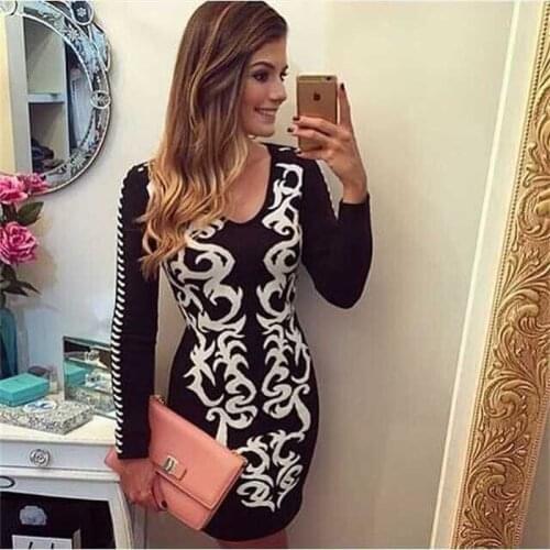 Winter Women Bandage Dress Jacquard Bodycon Vestidos Sexy O Neck Long Sleeve Party Rayon Bandage Dresses Female