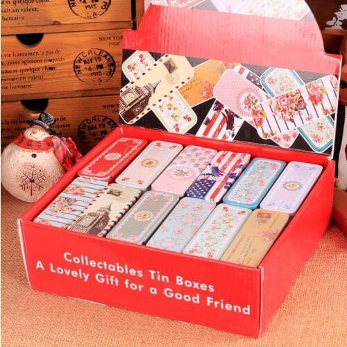 48pc/box Mini Tin Box Rectangle Small Metal Coin Saver Jewerly Case Flower Painting Pill case Candy Can 12design