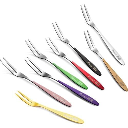 8pcs/Set Colorful 304 Stainless Steel Fruit Fork Fruit Fortune Cake Moon Cake Fork Two Tooth Dessert Fork Tableware Kicthen Tool