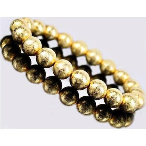 Genuine Natural Gibeon Iron Meteorite Golden Plated Fashion Jewelry Bracelets For Women Mens Round Stretch Bead Bracelet 9mm