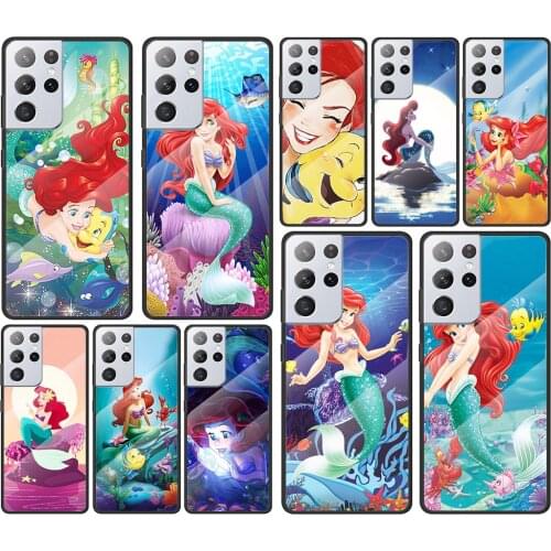 Mermaid Disney Princess Cute for Samsung Galaxy S21 Ultra Plus A72 A52 4G 5G M51 M31 M21 Luxury Tempered Glass Phone Case Cover