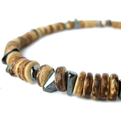 Wood necklace for men handmade from hematite and wood bead necklace
