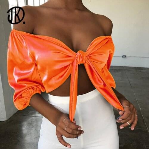 Sexy Bow Tie T-shirt Satin Mid-sleeve V-neck Vest Ladies Spring Summer Clubwear Clothes Solid Color Tube Top T-shirt For Female