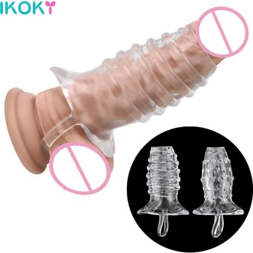 IKOKY Dildo Enlargement Crystal Reusable Condom Delayed Ejaculation Cock Ring Dick Extensions Sex Toys For Men Penis Extender