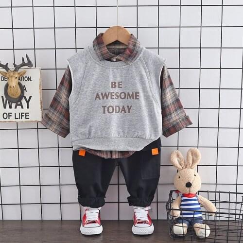 2021 Baby Girls Boys 3pcs Clothing Sets Gentleman 2021 Autumn Children Vest Plaid Shirt Pants Tracksuits Kids Clothes Sport Suit