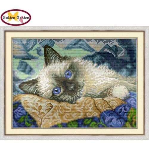 NKF The Blue Eyes Cat Cross Stitch Set Handmade Needlework 11 14ct Print Cross-Stitch Embroidery Kit Cross Stitch for Home Decor