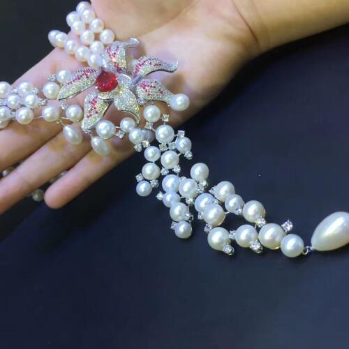 100% real cultured fresh water pearl pendant necklace 925 sterling silver flower multi layers fashion women wedding necklace