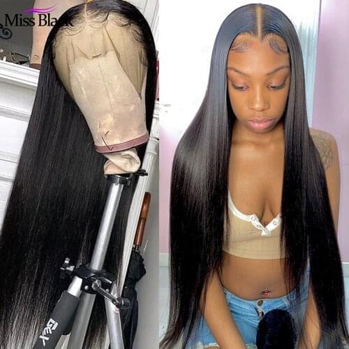 Miss Black 30 32 Inch 13x4 Straight Lace Front Wig Peruvian Human Hair 4x4 5X5 Transparent Lace Closure Frontal Wigs Black Women