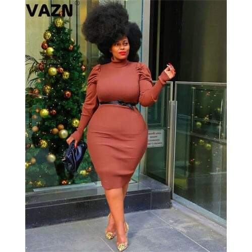 VAZN 2021 Top Quality Office Lady Sweet Joker Solid Mature Plus Size Turtleneck Full Sleeve High Waist Women Thin Midi Dress